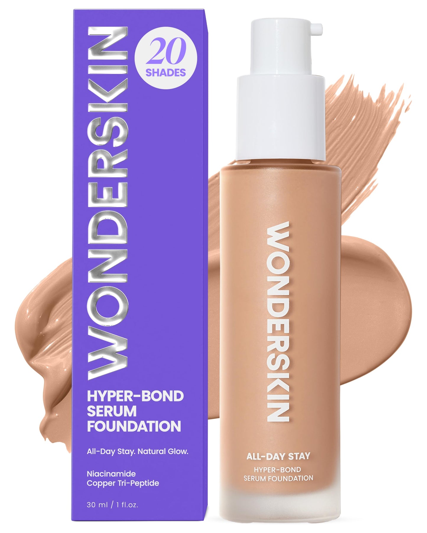 Wonderskin Hyper Bond All-Day Stay Serum Foundation – Waterproof, Transfer-Proof, 24HR Longwear Face Makeup with Niacinamide & Hyaluronic Acid – Lightweight, Natural Finish (Lunar)