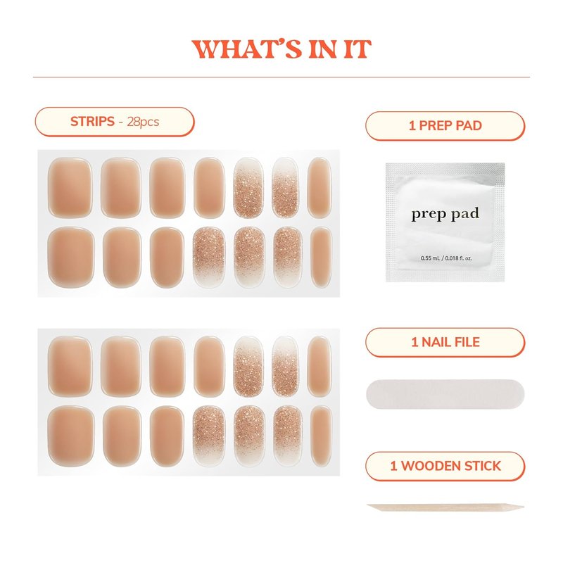 Semi Cured Gel Nail Strips - Gold Sparkle | Easy Apply & Remove, Salon Quality | 28 Strips, Prep Pads, Nail File & Stick