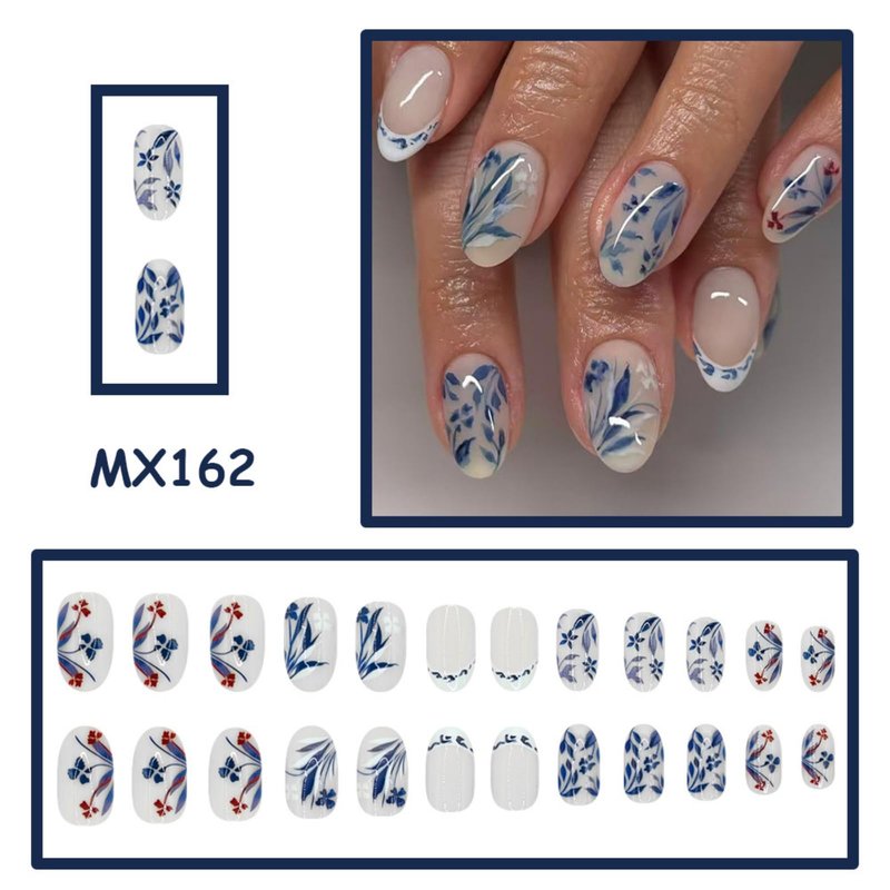 Red Press on Nails Flower Fake Nails Medium Almond Nail Press ons Red Ombre French Tip with Design Glossy Full Cover Glue on Nail for Women Manicure