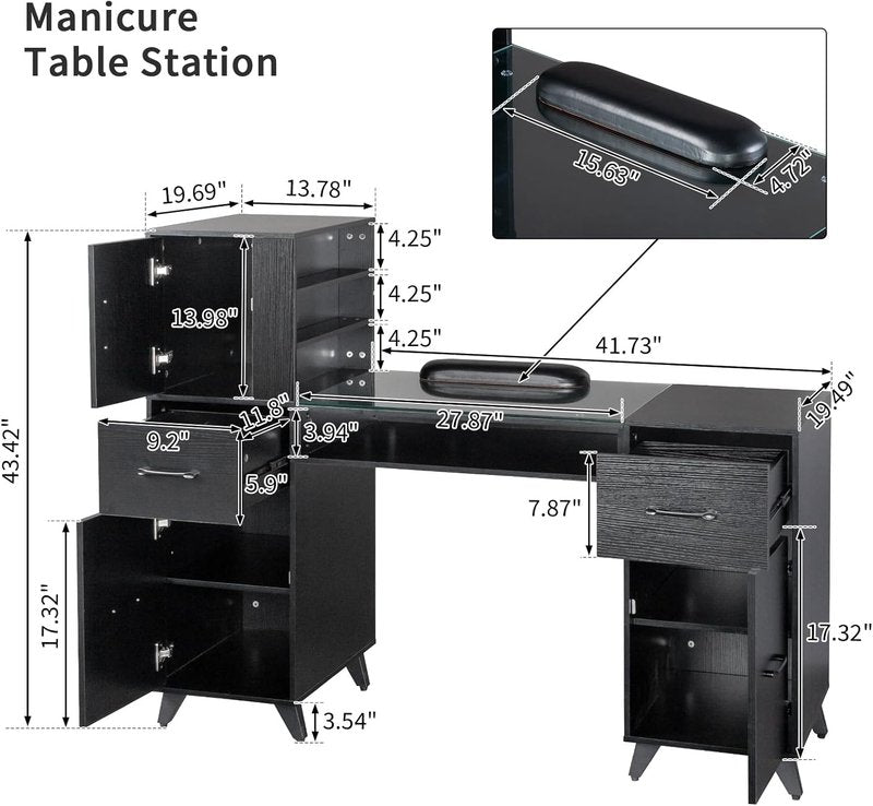 Skiennix Manicure Table - Elegant Nail Makeup Desk with Glass Top & Storage Solutions | Beauty Salon Workstation