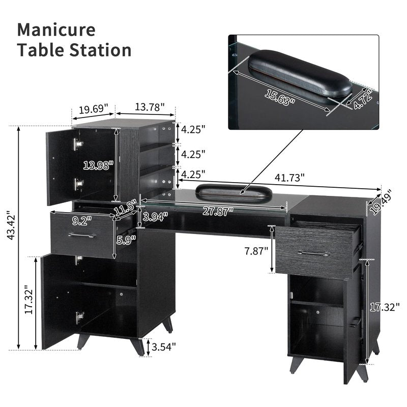JLBVI Manicure Table, Nail Makeup Desk with Glass Top, Wrist Rest, Beauty Salon Workstation for Spa Beauty Salon w/ 3 Side Cabinets+2 Removable Shelves+2 Drawers+3 Layers Open Cabinet+1 Open Drawer