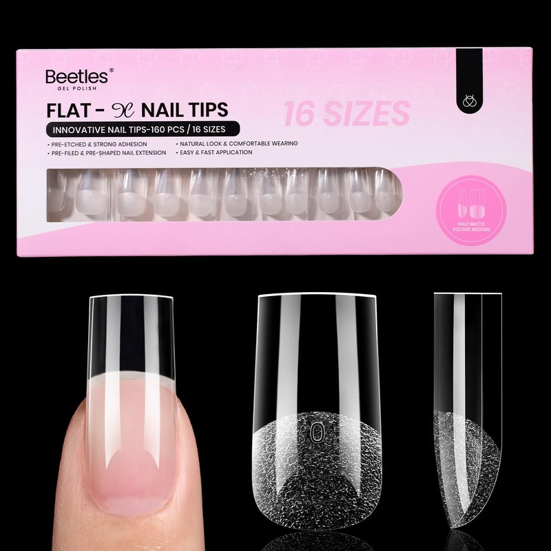 Beetles Gel Nail Tips Flat-X - Square Medium, 160pcs 16 Sizes, Pre-Etched Half Matte Full Cover Soft Acrylic False Nail Tips Clear Press on Easy DIY Extension Salon for Flat & Natural Nail Beds