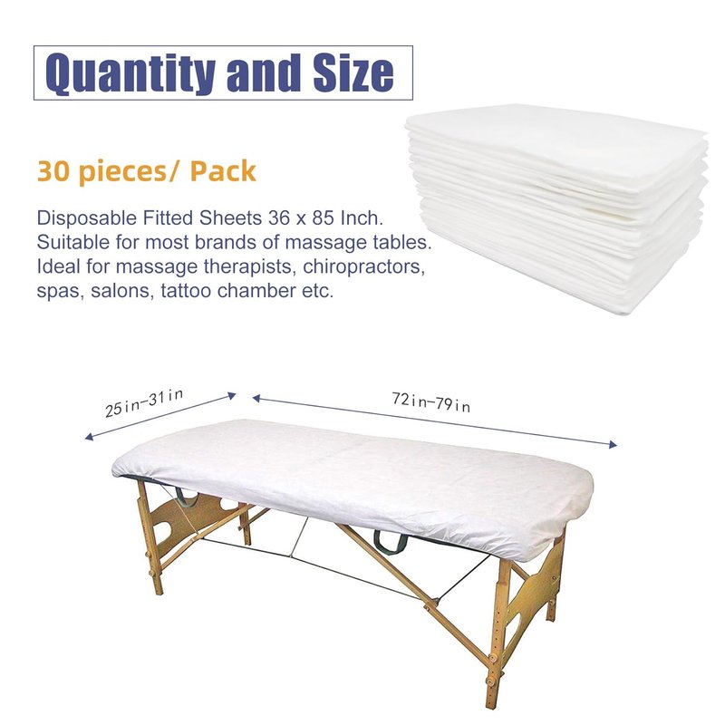 Skiennix Disposable Fitted Massage Table Sheets - Heavy Duty, Breathable, 36 x 85 Inch, White Non-Woven Fabric | 30 Pack