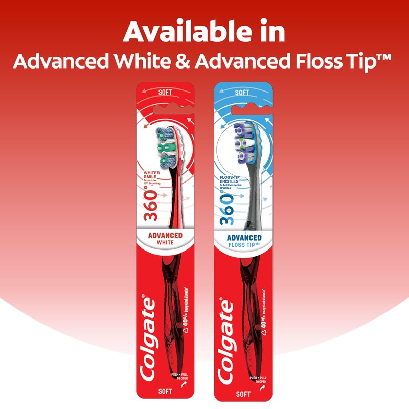 Colgate 360 Advanced Whitening Soft Toothbrush Pack, 4 Adult Soft Toothbrushes with Cheek and Tongue Cleaner, Helps Clean Your Teeth, Tongue, Cheeks, & Gums, 4 - Pack