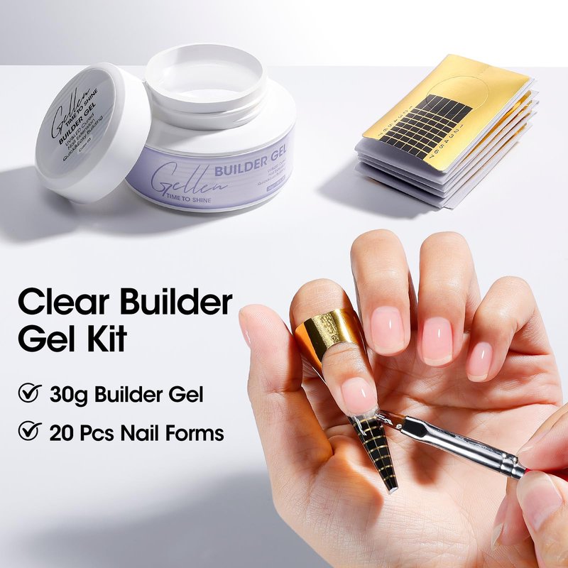 GELLEN Clear Builder Gel for Nails, 30g Hard Gel Nail Extension with 20 Pcs Forms, UV/LED Long Lasting Natural Nails Strengthening Thickening Overlays Apex Professional Nail Art Supplies