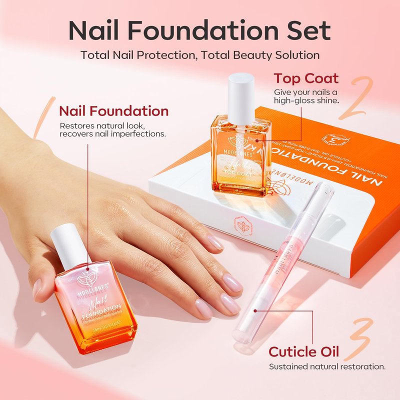 modelones Nail Strengthener Clear Gel Top Coat Nail Polish Cuticle Oil Pen Pink Nails Care Kit for Women 15 ml Ridge Filler