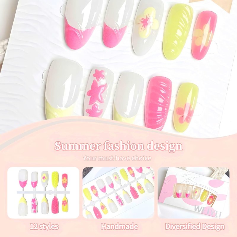 Almond Flower Press-On Nails - 24 Pcs Pink Yellow French Tips with Water Ripple & Starfish Design | Acrylic Set