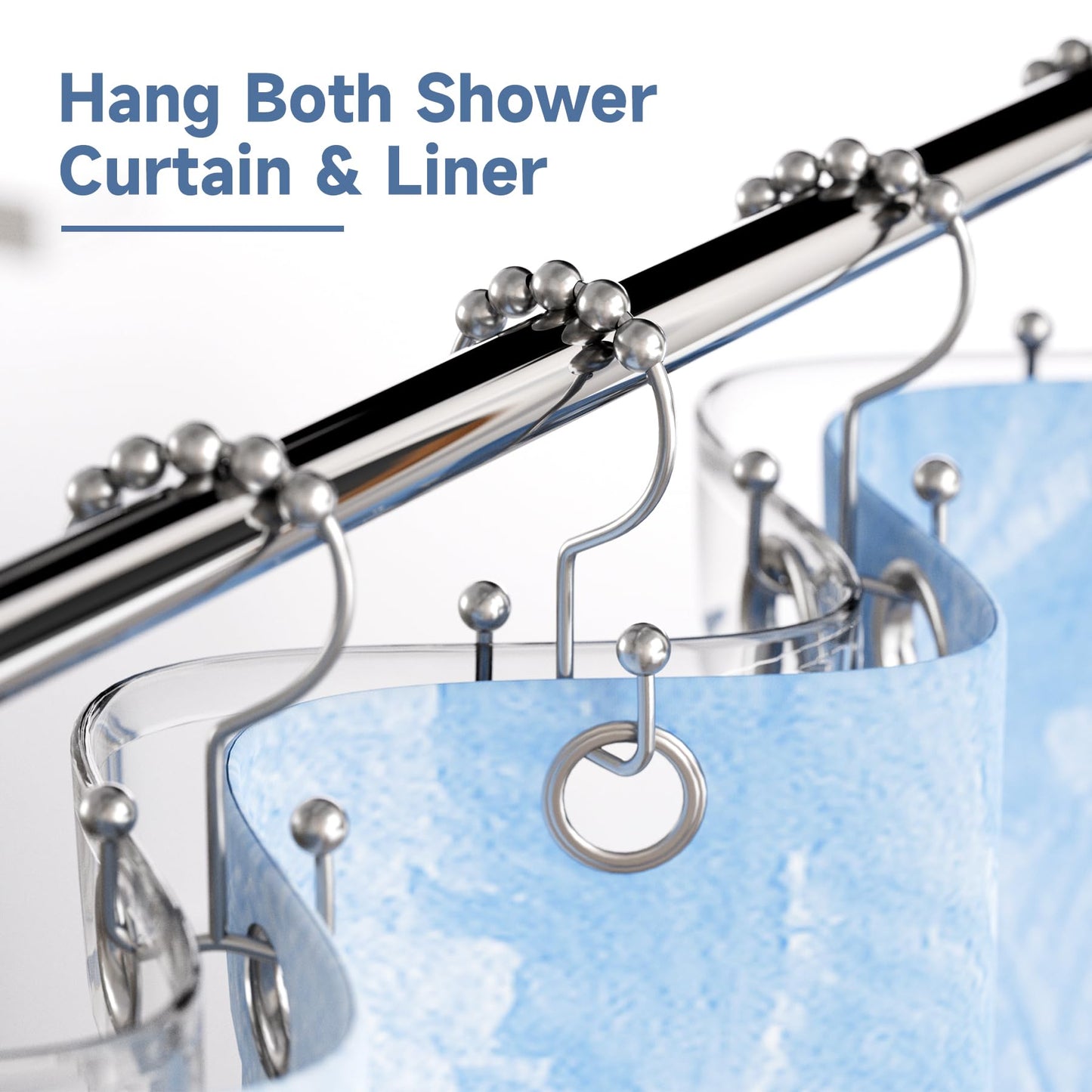 Titanker Double Shower Curtain Hooks, Rust Proof Shower Curtain Rings, Metal Shower Hooks for Bathroom Shower Rods Curtains, Set of 12 Hooks - Chrome
