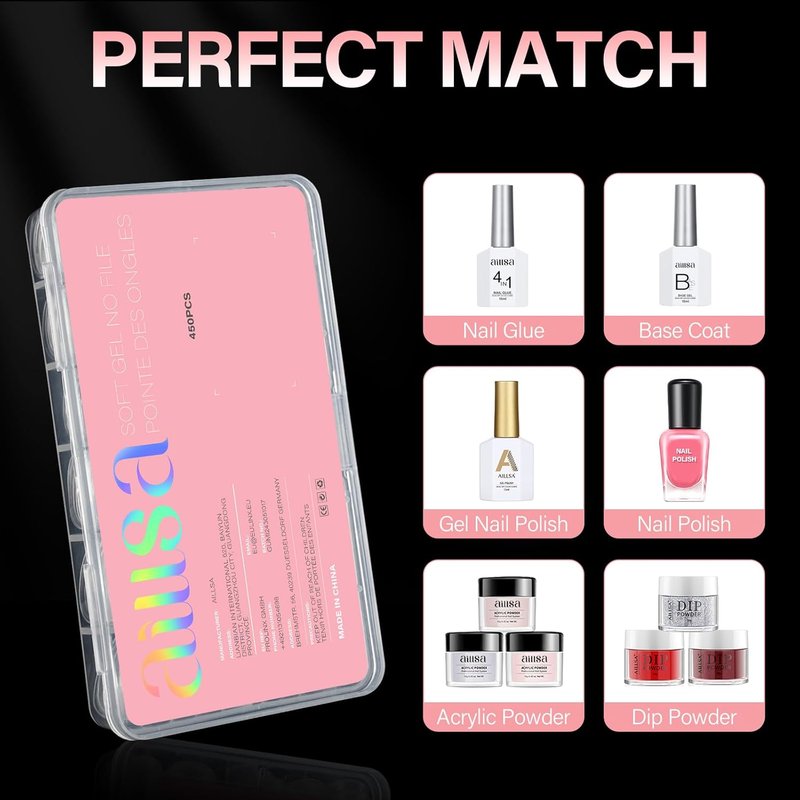 Coffin Nail Tips - 450PCS Full Cover Clear Acrylic Gel | Double-Sided Matte Press-On Nails in 15 Sizes