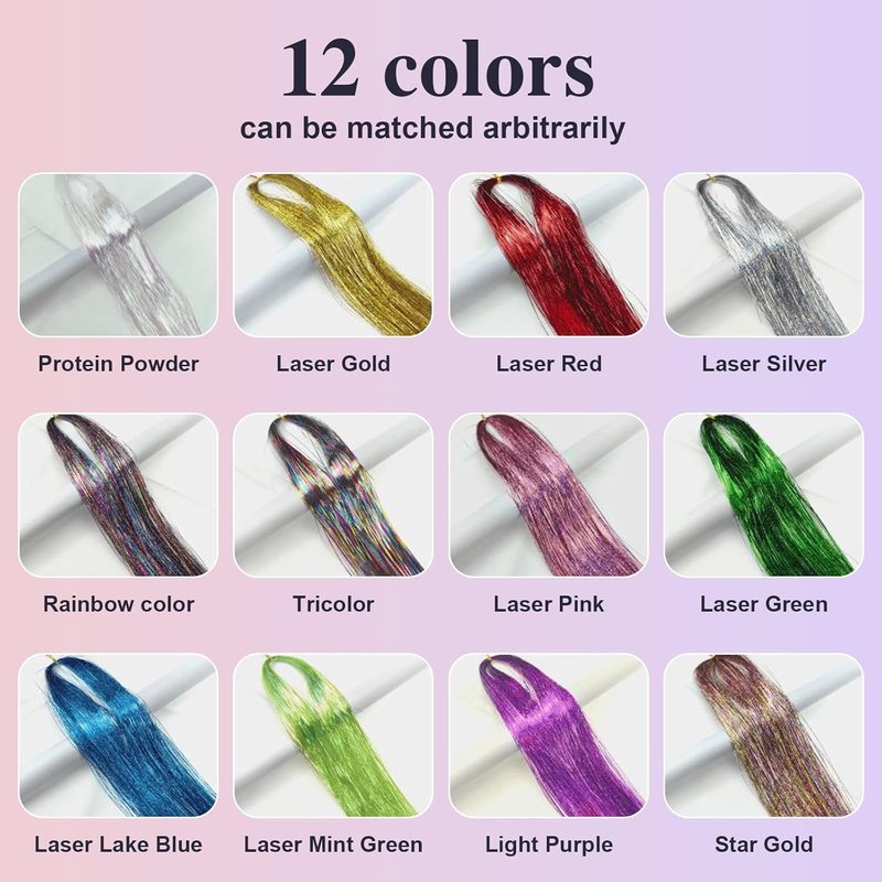 Hair Tinsel Kit - 12 Colors 48-Inch Sparkling Hair Extensions | Heat Resistant Glitter for Girls & Women
