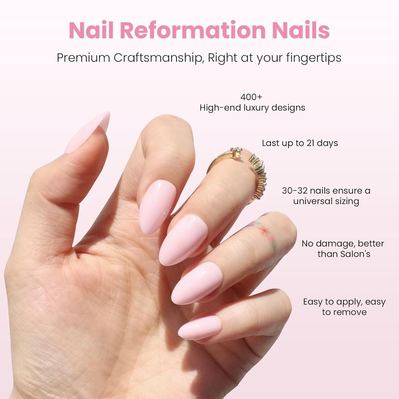 Nail Reformation Press On Nails, Soft Pink Short Almond Fake Nails in Glossy Finish, Salon Quality, Natural Reusable Opaque Stick On Nails in 16 Sizes - 32 Nail Kit with Glue, Manicure Gifts for Women