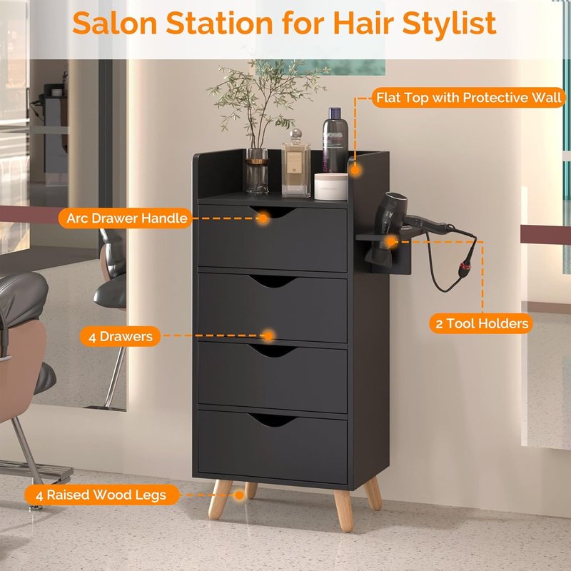 OmySalon 4-Layer Salon Storage Cabinet | Beauty Styling Station Organizer with 2 Hair Dryer Holders & 4 Drawers - Black