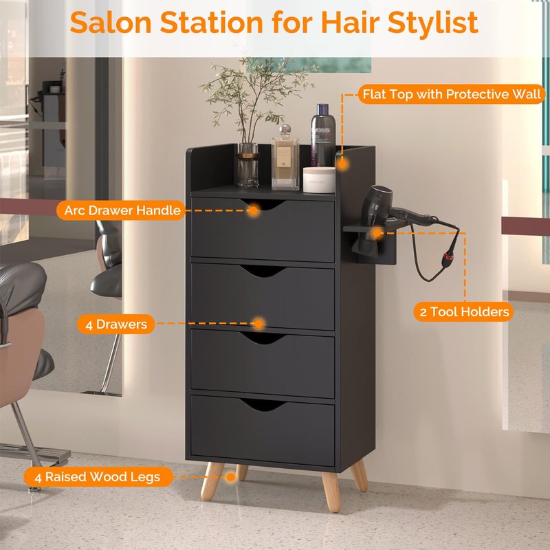 OmySalon 4 -Layer Salon Storage Cabinet,Beauty Barber Salon Styling Station Organizer Equipment,Hair Stylist Station Set with 2 Hair Dryer Holders，4 Drawers and Raised Table Legs, Black