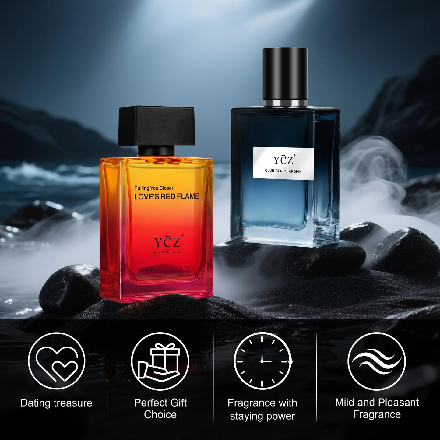 Ycz Cologne for Men Set, 1.7oz(50ml) Bottled Pioneers Perfume and Borrowing Fire Men Perfume, Eau Woody Rose Scent, Highquality Long Lasting, Sleek Bottle Design for Christmas Gifts Ideal