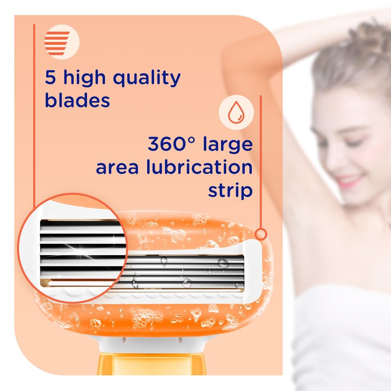 DreamGenius Women’s Razor Blades Refills Include 4 Cartridges, Extra Smooth 5-Blade Travel Razor Refills for Comfort Shaving, Orange