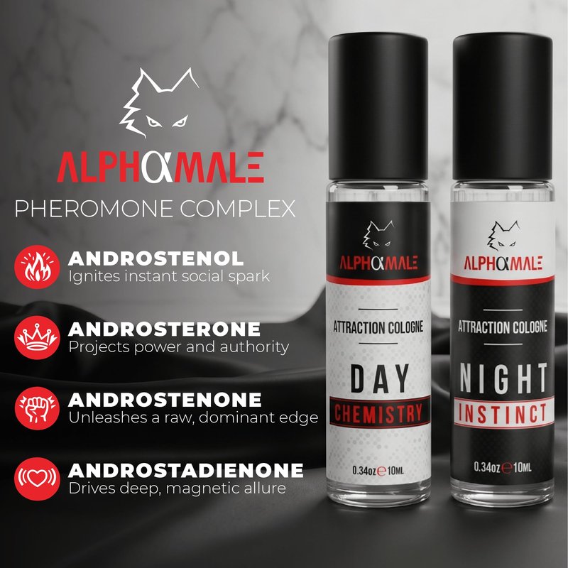 AlphaMale Day and Night Pheromone Infused Cologne for Men 2 Pack – Fresh Day & Musk Leather Night Fragrance – Pheromone Fragrance Roll-On – Long Lasting Scent – Travel Size 0.34 Oz Each