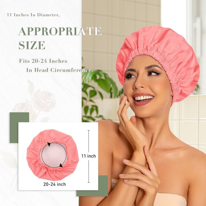 Reusable Shower Cap for Women - Large Waterproof Hair Bonnet with Elastic Band | Ideal for Long, Curly Hair, Braids - Orange Pink