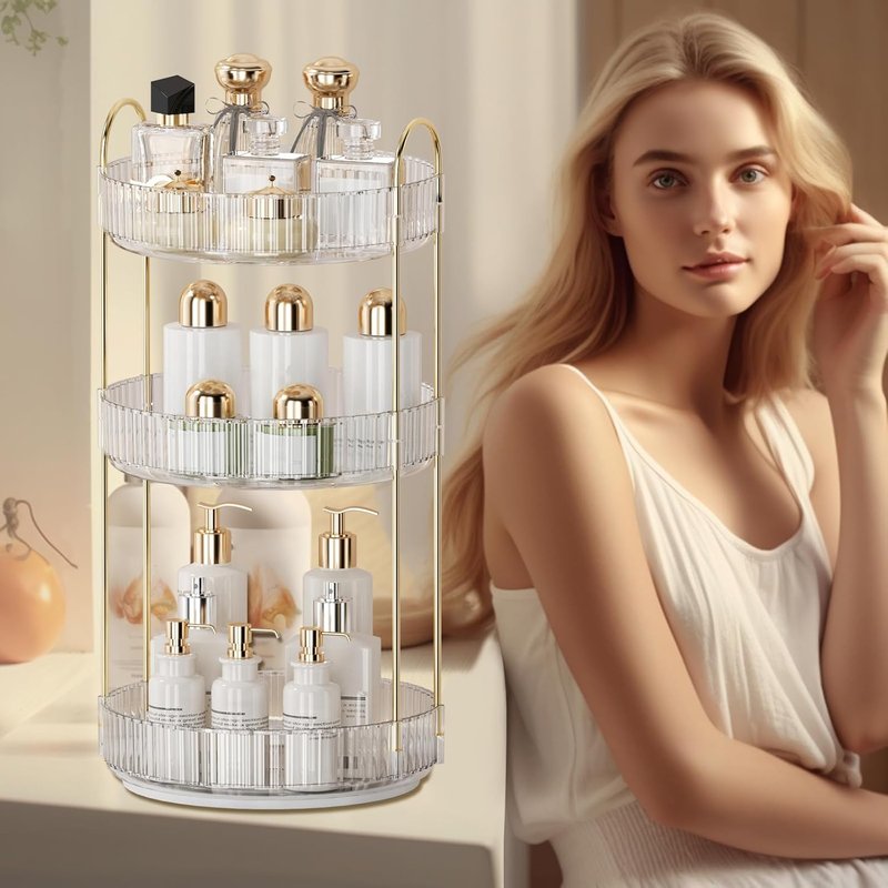 Skiennix 360° Rotating Makeup Organizer - 3-Tier Perfume & Skincare Storage - Space-Saving Clear Design