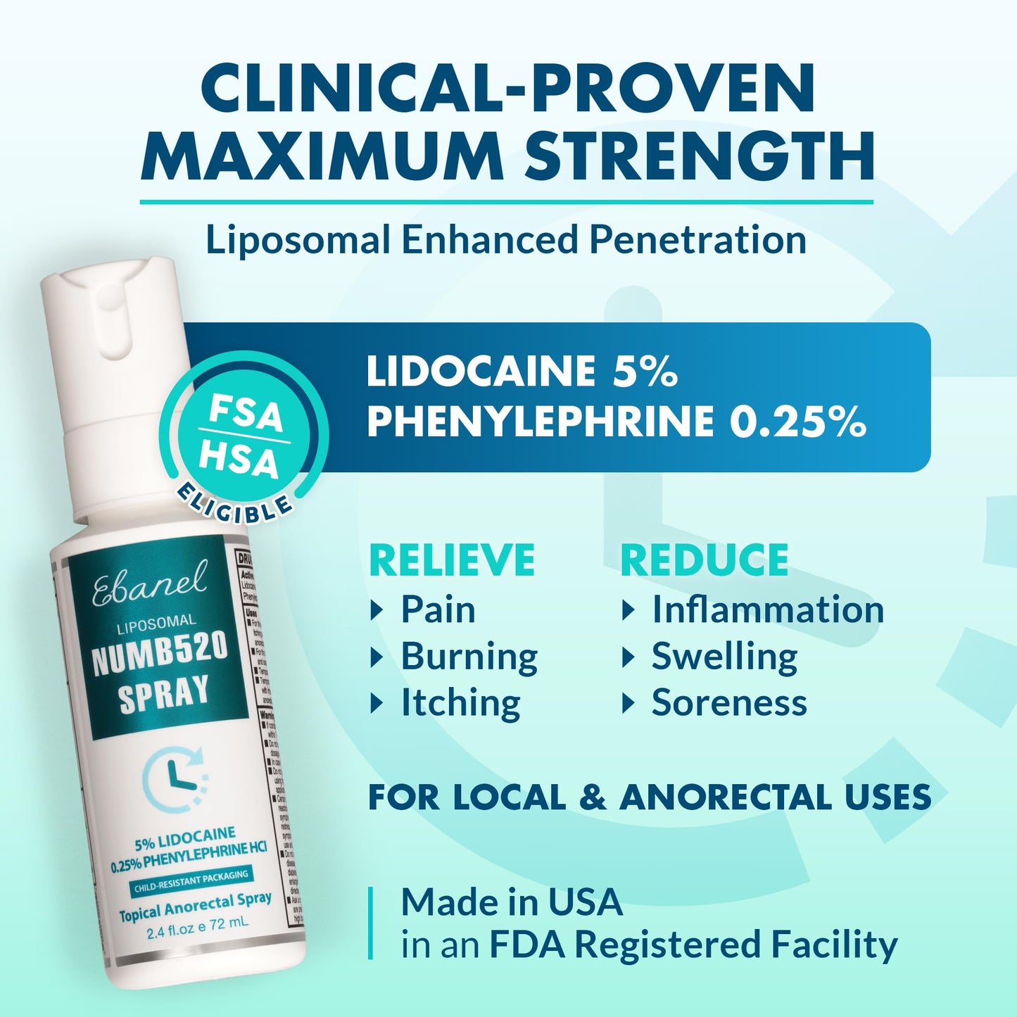 Ebanel 5% Lidocaine Spray Pain Relief Numb520 Burn Itch Relief Numbing Spray for Skin, Topical Anesthetic Postpartum Hemorrhoid Treatment with Phenylephrine for Local and Anorectal Uses