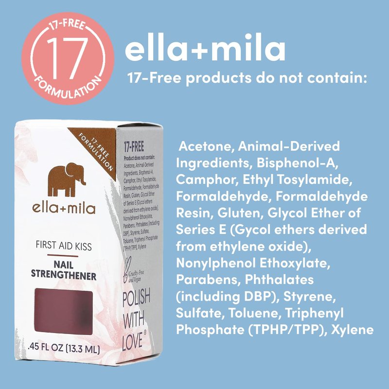 ella+mila Nail Strengthener and Growth Treatment - First Aid Kiss Nail Hardener for Damaged Brittle Thin Nails - Strengthening Polish with Vitamin E - Vegan (0.45 fl oz)