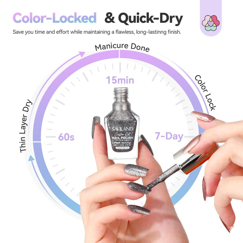 SAVILAND Color Artistry Glitter Nail Polish Set: 6pcs Holographic Diamond Sparkle Shades Fingernail Polish Non-Gel, Quick-Dry & 7 Days Nail Lacquer Kit for Women Manicures Toe Nail Art DIY Salon Home