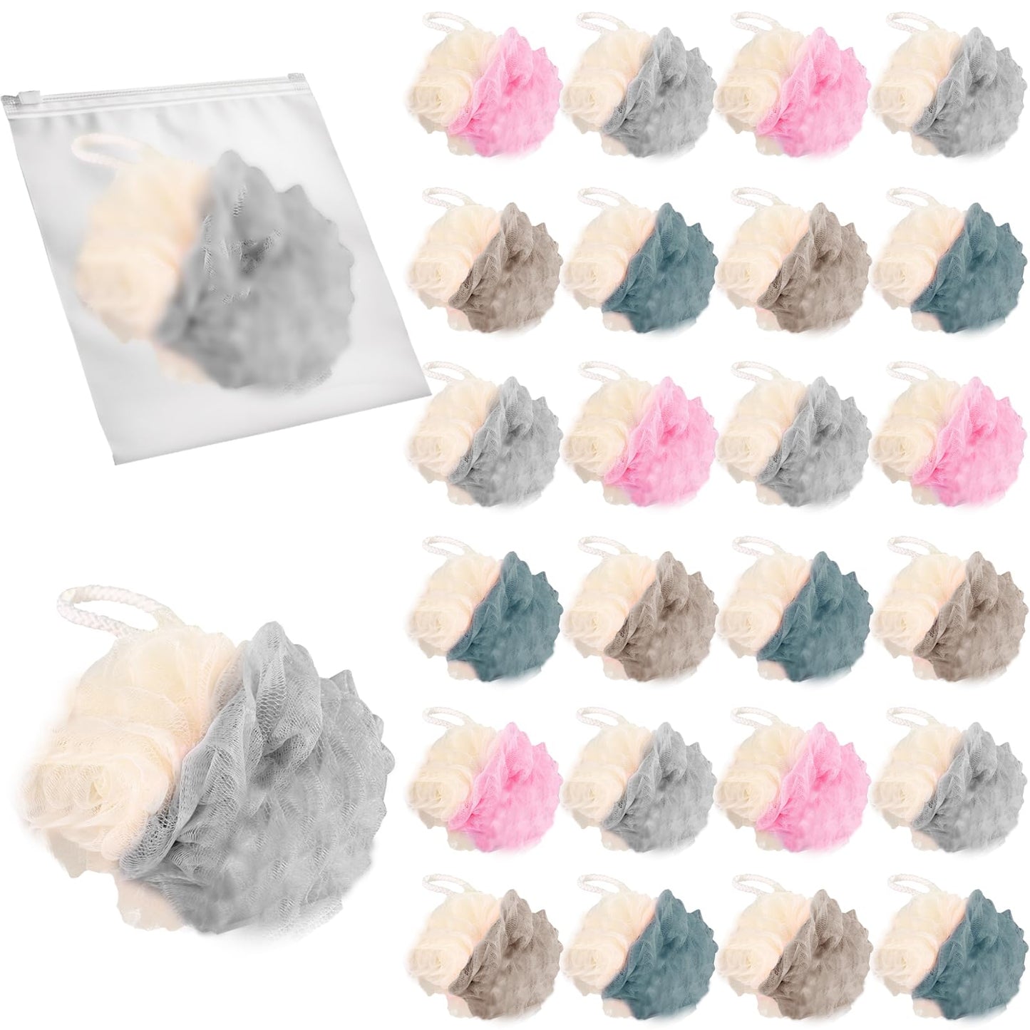 GWZiehory 24 Pack Travel Loofah, Individually Wrapped Small Loofah Shower Pouf, 4 inch Mini Bath Sponges for Shower, Multicolor