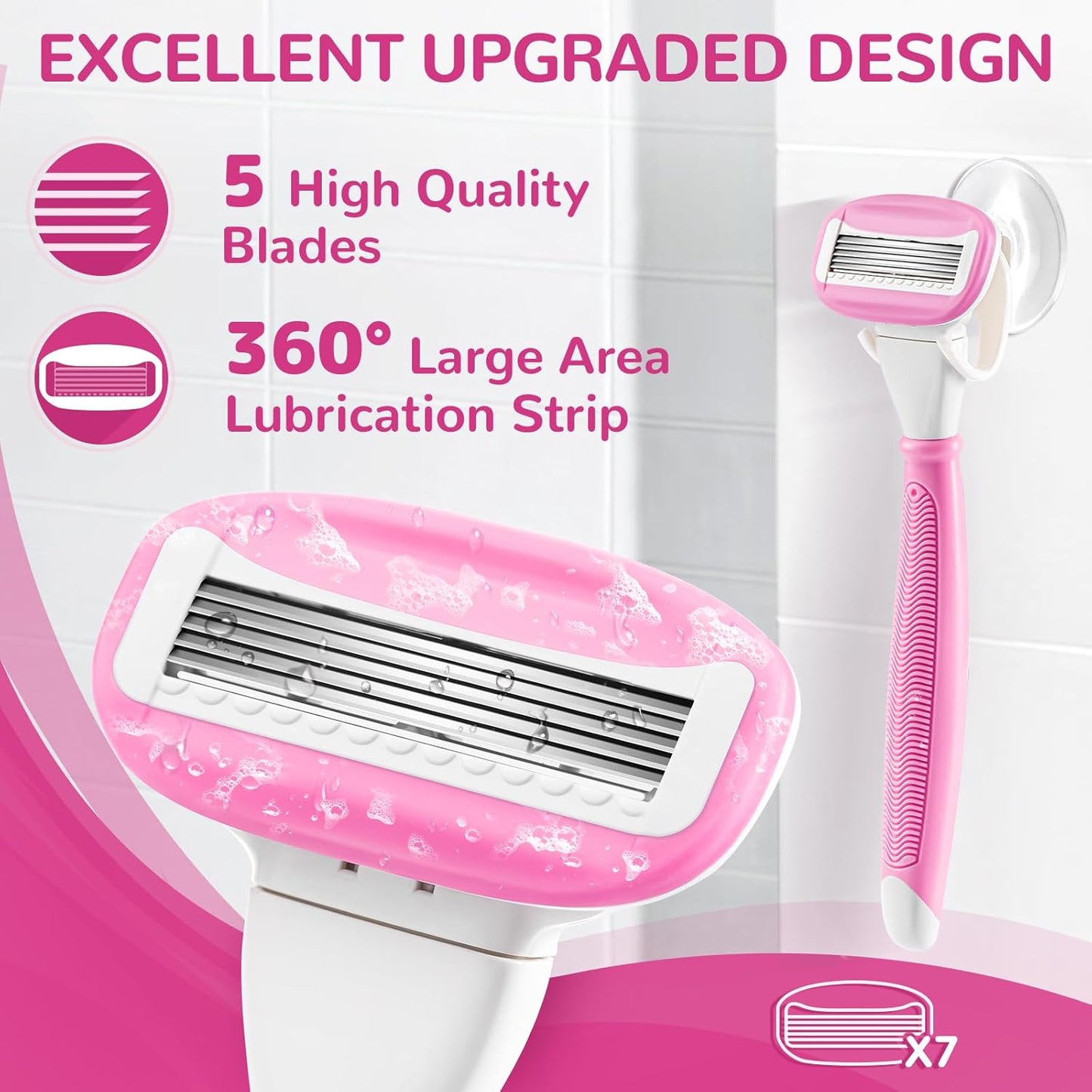 Women's Razors - 5 Premium Blades with Non-Slip Handle & Shower Holder | Pink, 360° Lubrication for Smooth Shaving
