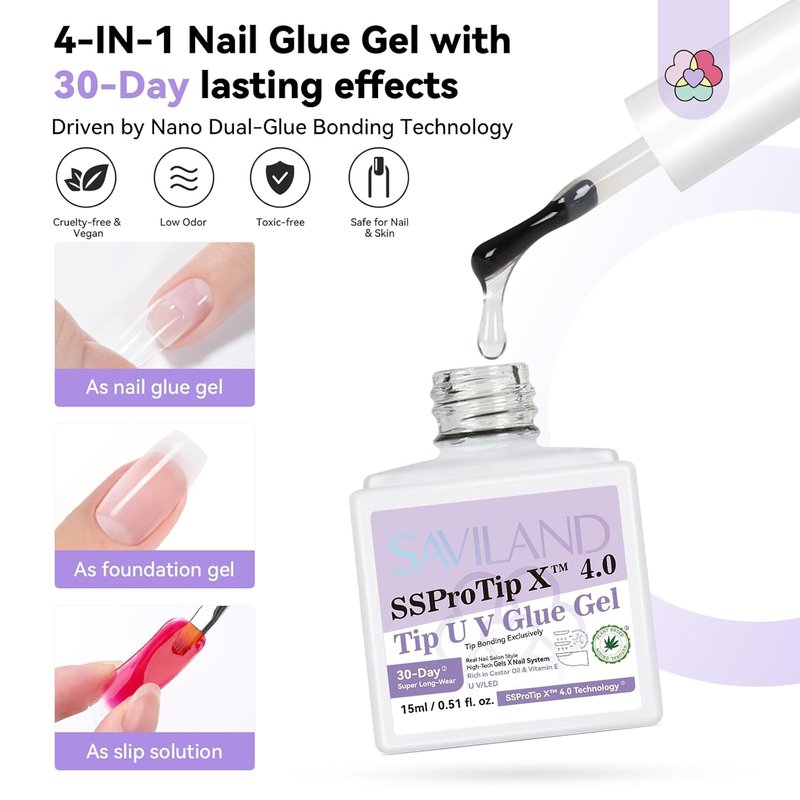 SAVILAND Pro Gel Nail Kit - 500 PCS Strong Nail Glue & UV Lamp | Short Almond Tips in 12 Sizes for DIY Home & Salon Use