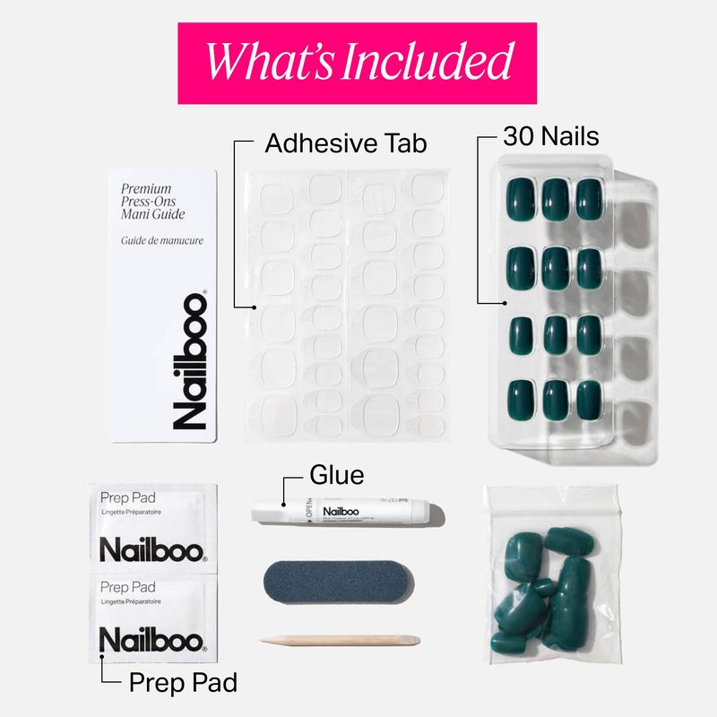 Nailboo Press On Nails, Salon-Quality Reusable Fake Nails for Fast DIY Manicure with Strong Hold Nail Glue for Press Ons, Nail File, & Alcohol Prep Pads, Exotic Emerald