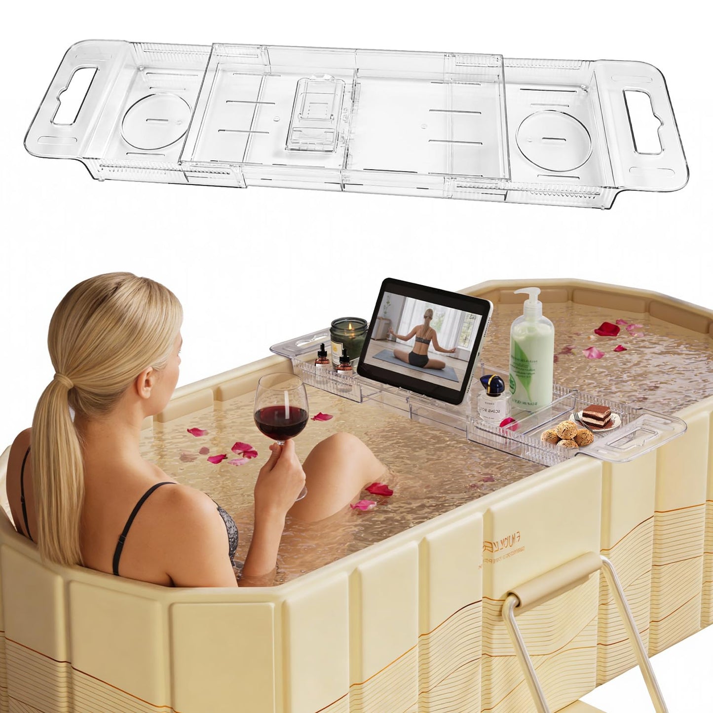 HLCZLUZ Expandable Bathtub Tray, Foldable Bath Tray for Tub, Acrylic Bath Table Trays Storage Rack, Bath Tub Tray for Bathtub & Bathroom Accessories (Transparent Bathtub Tray, 22"L x 7.8"W x 1.7"H)