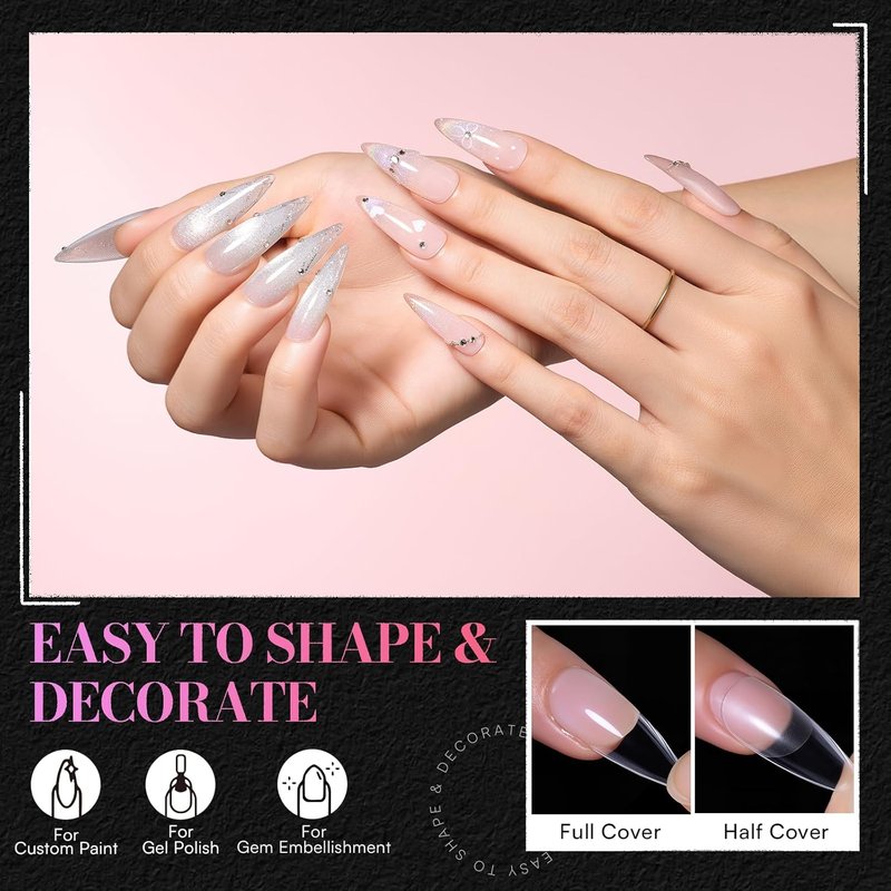 Medium Stiletto Almond Nail Tips - 504 PCS Pre-Etched Clear False Nails | 15 Sizes Full Cover Soft Acrylic Extensions