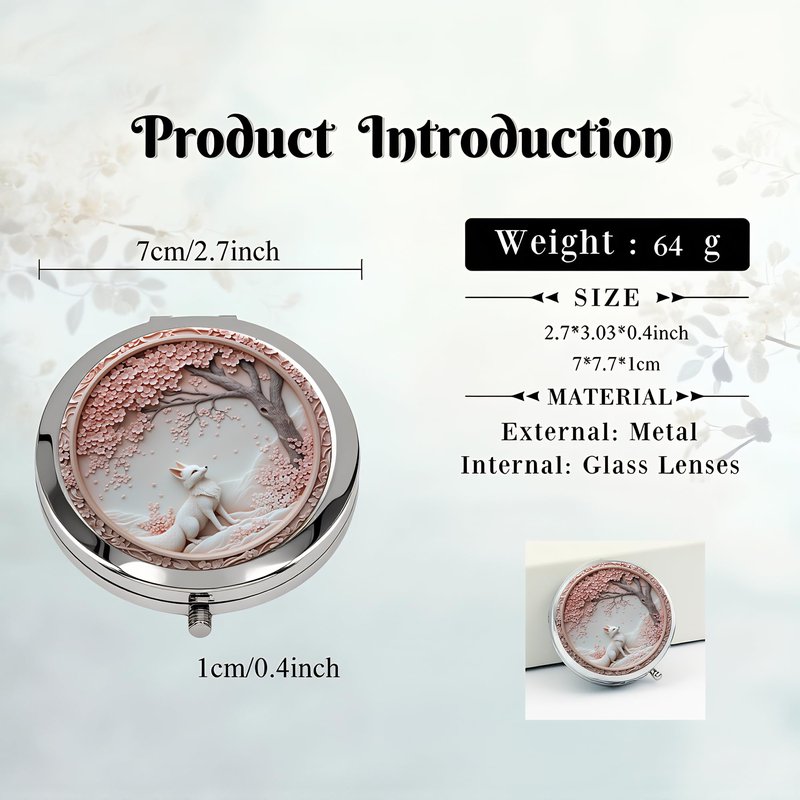 Silver Compact Mirror, 2.8x2.8inch Double-Sided Folding Makeup Mirror with Cherry Blossom White Fox Design, Ideal Gift for Women