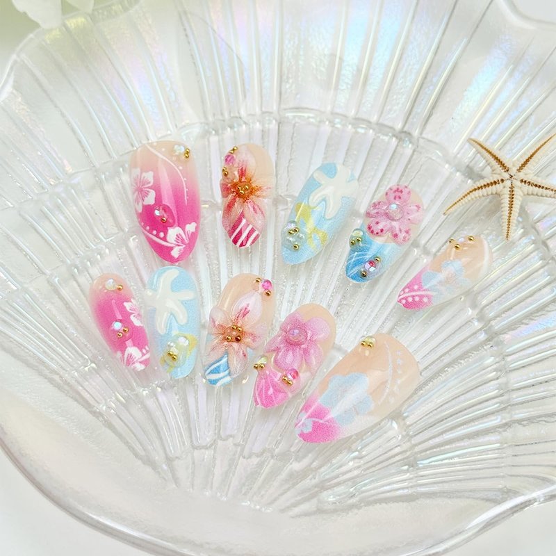 30Pcs 3D Tropical Flower Press on Nails Medium Almond Handmade Fake Nails with Hibiscus Floral Starfish Designs Pink Blue Gradient French Tip False Nails Reusable Summer Beach Acrylic Nails for Women