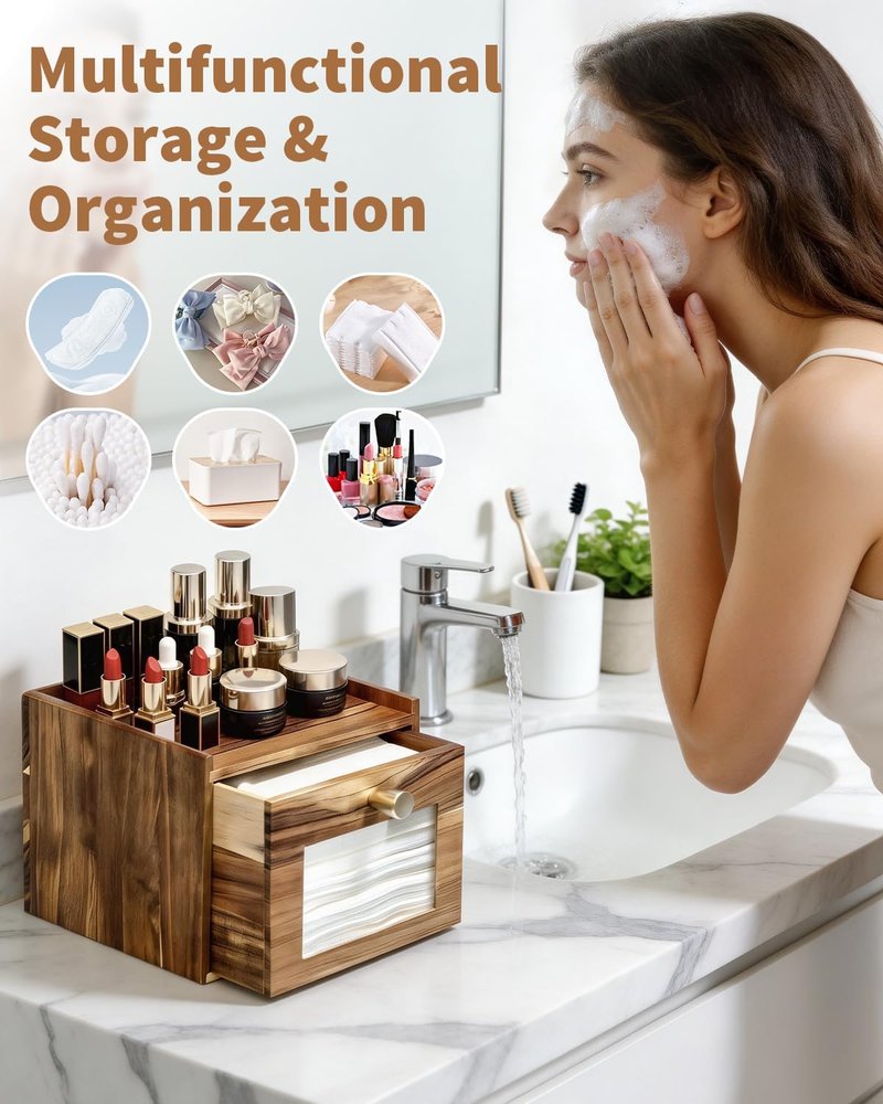 Disposable Face Towel Holder - Acacia Wood Storage Drawer for XL Towels | Bathroom Vanity Organizer & Wall Mount