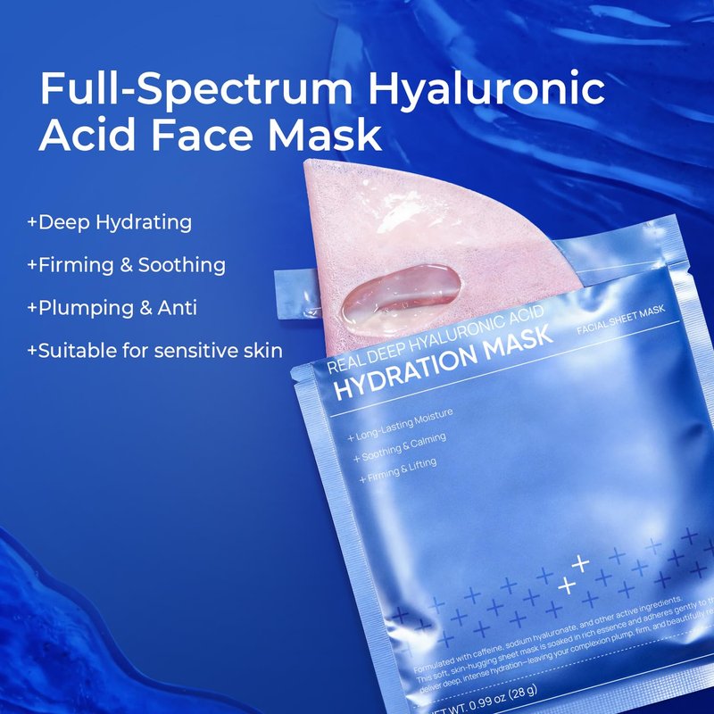 PROF.LING Real Deep Hyaluronic Acid Face Mask, Deep Hydrating & Moisturizing Sheet Mask for Dry, Dehydrated & Sensitive Skin, Intensive Moisture Care, Korean Skincare, 28g x 5 ea