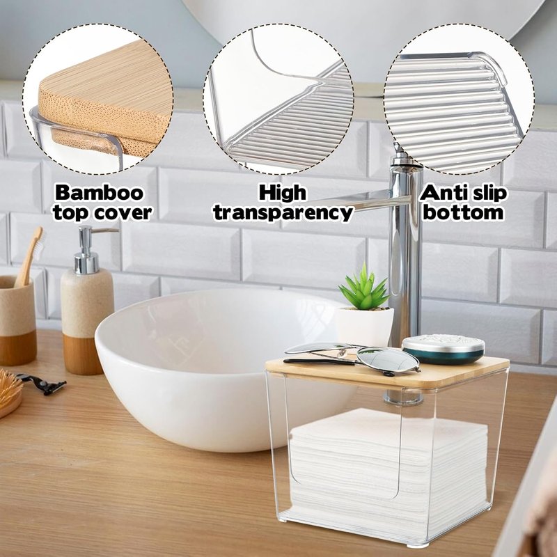 Rainmae Acrylic Face Towel Holder - XL Tissue Storage Box with Bamboo Lid for Bathroom Vanity