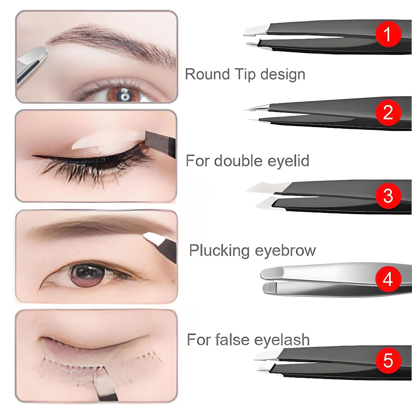 Tweezers for Women Facial Hair, 5Pcs Set, Round tip Eyebrow Tweezer for men, Professional Stainless Steel Pointed Splinter Ingrown Hair removal