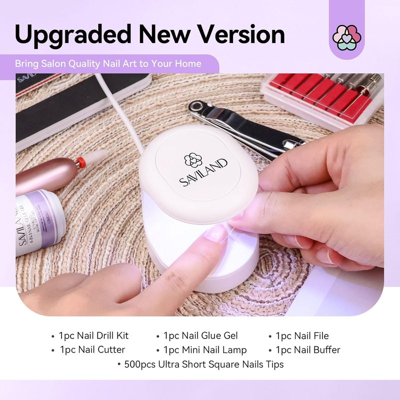 SAVILAND Gel Nail Kit - 500 PCS Short Square False Nail Tips | UV Nail Glue & Lamp for DIY Manicure