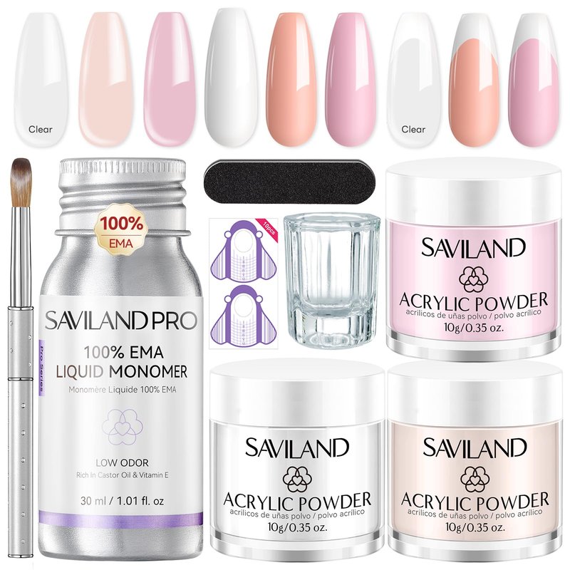 SAVILAND Acrylic Nail Kit for Beginners: Clear Pink Nude Acrylic Powder and Liquid Set with #12 Nail Brush File Forms Dappen Dish for Acrylic Nails Extension & 3D Carving Home DIY Salon Manicure