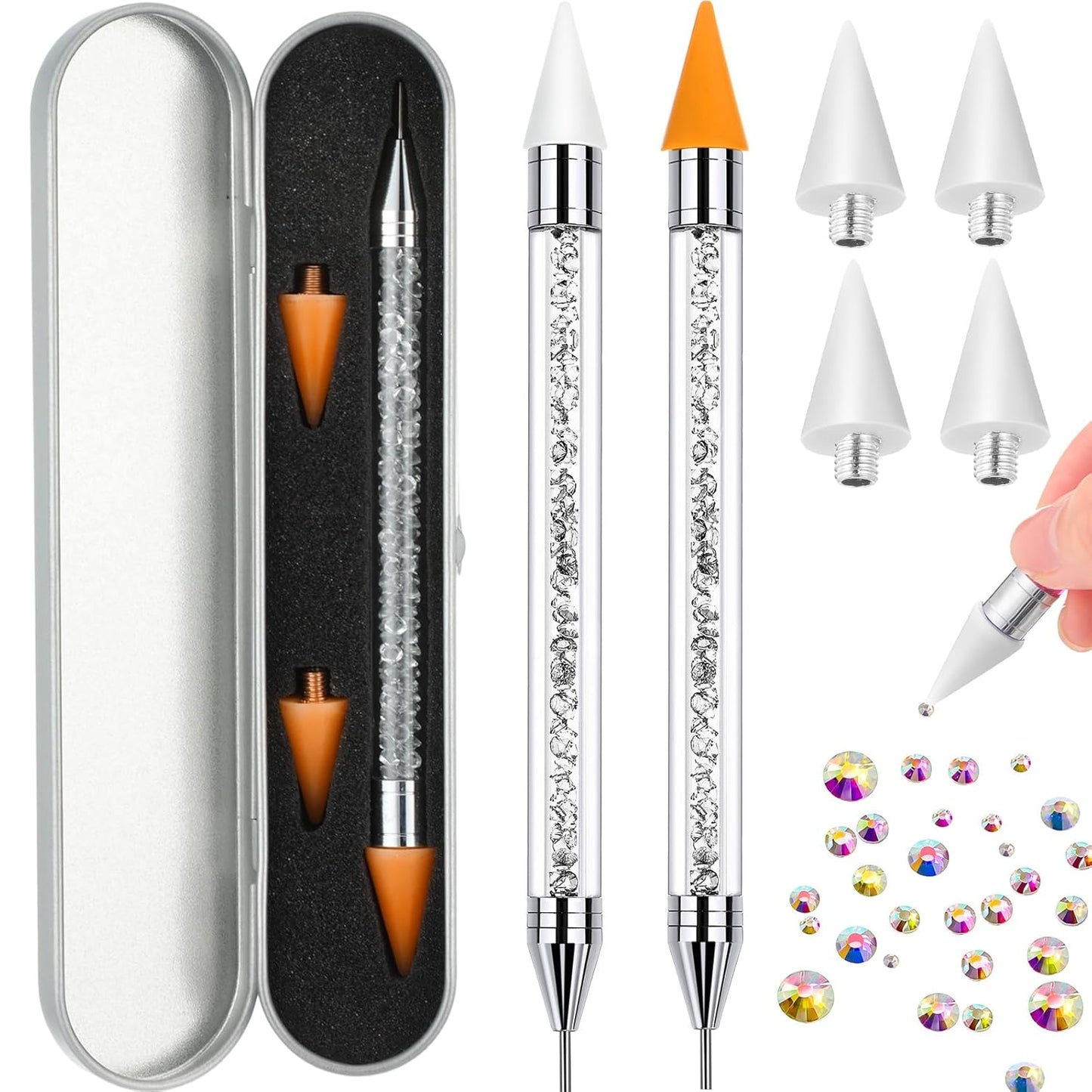 Tatuo Dual-Ended Rhinestone Picker Pen - Crystal Beads Handle for Nail Art & DIY Decoration (White)