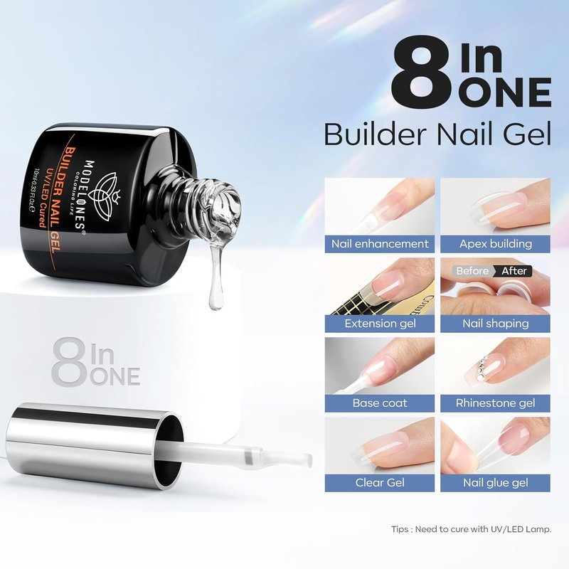 modelones Nail Thickening Solution, Dehydrator and Primer & Builder Nail Gel, 3Pcs Prep Dehydrate & Bond Primer Clear Gel Builder Polish Base Coat for Strengthener Apex Building, LED Lamp Cured 10ml