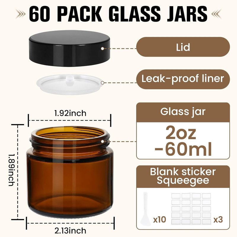 60 Pcs Amber Glass Jars with Lids - Leakproof, UV-Protective Containers for Essential Oils, Spices | 2 oz Size