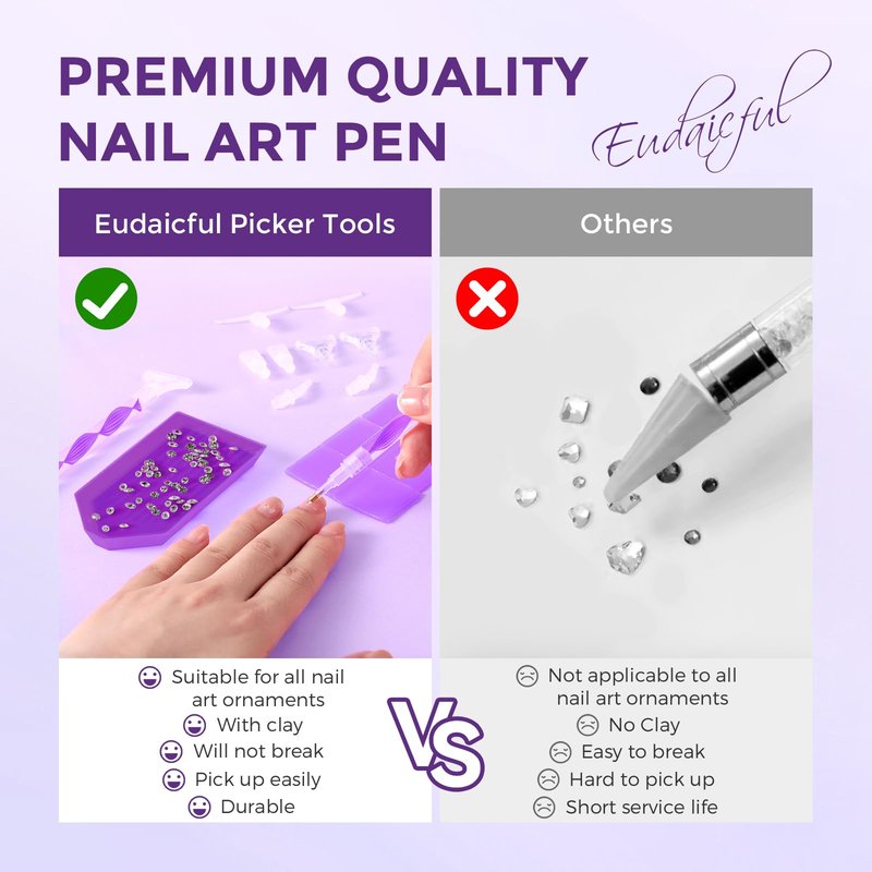 Eudaicful Rhinestone Picker Tool Kit: 2Pcs Rhinestone Applicator Handle, Dual-Ended Bedazzling Tools Pen with 12 Upgraded Plastic Replacement Tips, Clay for DIY Nail Art Craft (Purple)