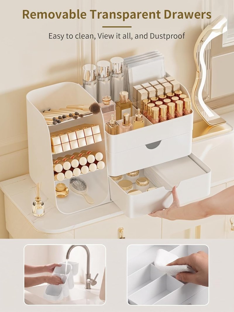 Makeup Organizer - Vanity Cosmetic Display Case with Drawers | White Bathroom Storage Caddy for Skincare & Beauty Tools