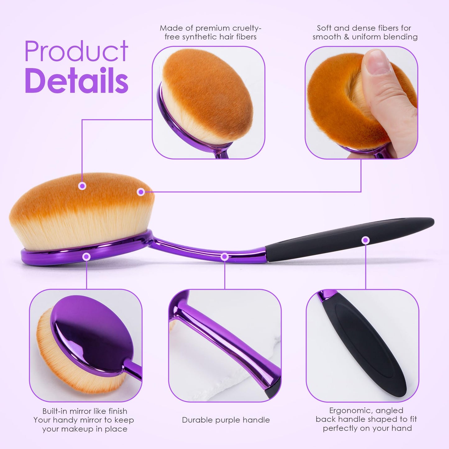 Yoseng Oval Foundation Brush Large Toothbrush makeup brushes Fast Flawless Application Liquid Cream Powder Foundation-Purple (Medium-Purple)