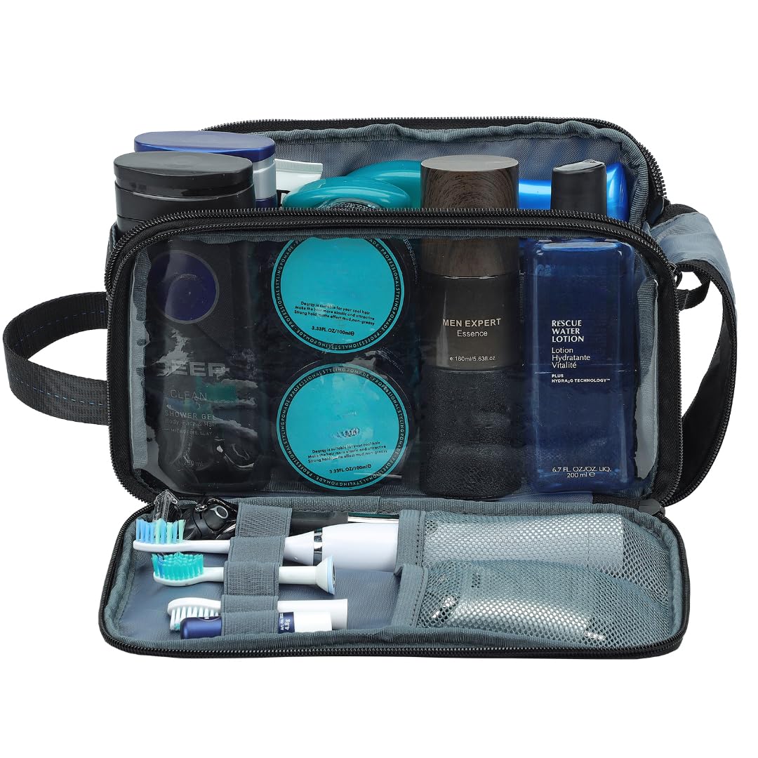 Travel Toiletry Bag for Men - Medium Water-Resistant Dopp Kit | Double-Sided Organizer for Shower & Hygiene Accessories - Black