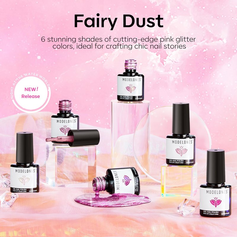 Modelones Pink Glitter Gel Nail Polish Set - 6 Sparkling Shades for Valentine's Day | Shimmer Cat Eye Finish
