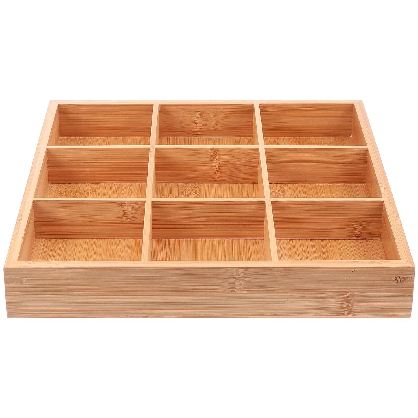 Cabilock 9-Compartments Wooden Divided Tray, Square Bamboo Serving Party Platter for Dry Fruits Snacks Candy and Dips, Space-Saving Shallow Drawer Organizer -13.2 x1.57 inch