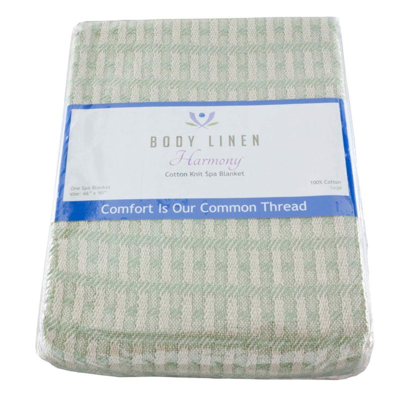 Harmony Cotton Spa and Massage Table Blanket by Body Linen. 100% Cotton, 66 by 90 Inches. Soft, Warm and Stylish. Machine Washable. Two Tone Knit Pattern, Sage and Natural.