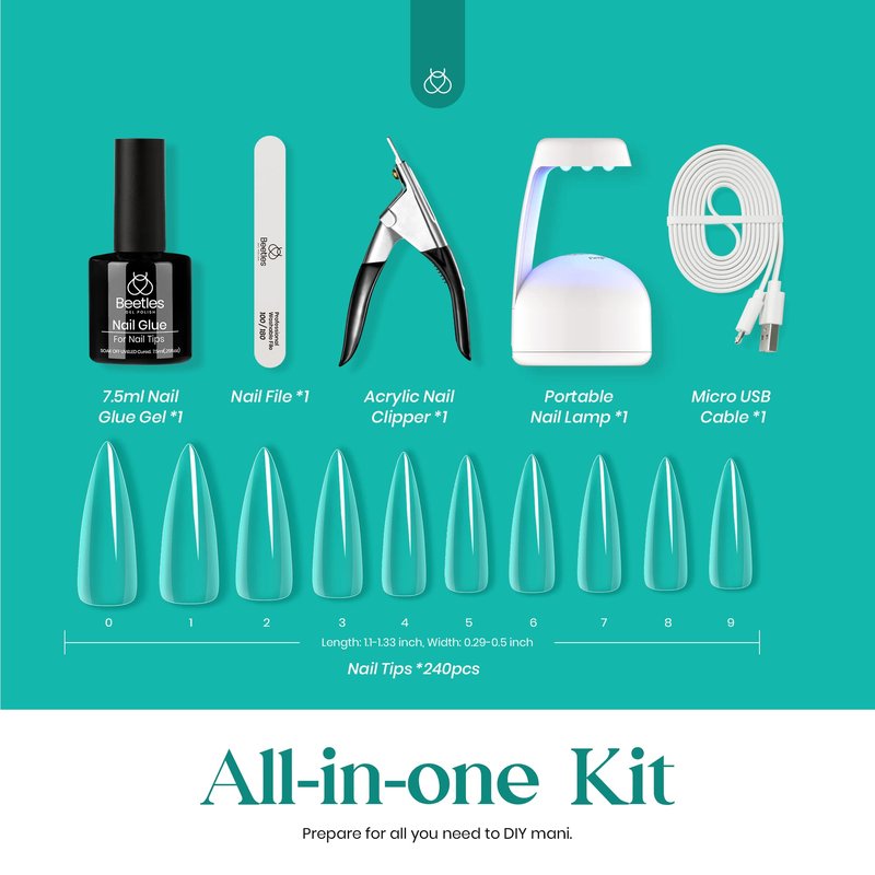 Beetles Gel Nail Kit Easy Nail Extension Set 5 In 1 Nail Glue Gel Base Coat with Pre shaped Medium Stiletto Gel Nail Tips Led Nail UV Lamp Acrylic Nail Clipper for Nail Art Diy